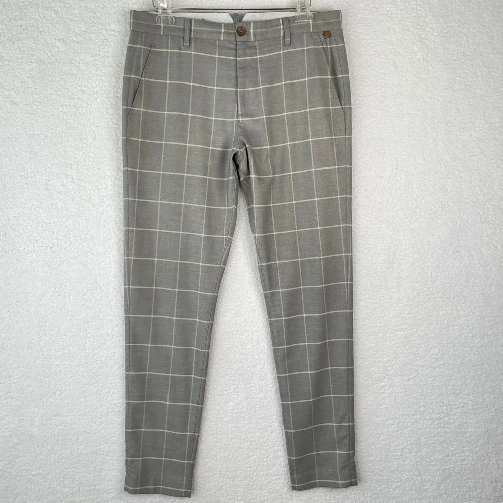 Zara Man Grey Windowpane Check Slim Fit Tailored Pants Mens 32 x 31 Trousers